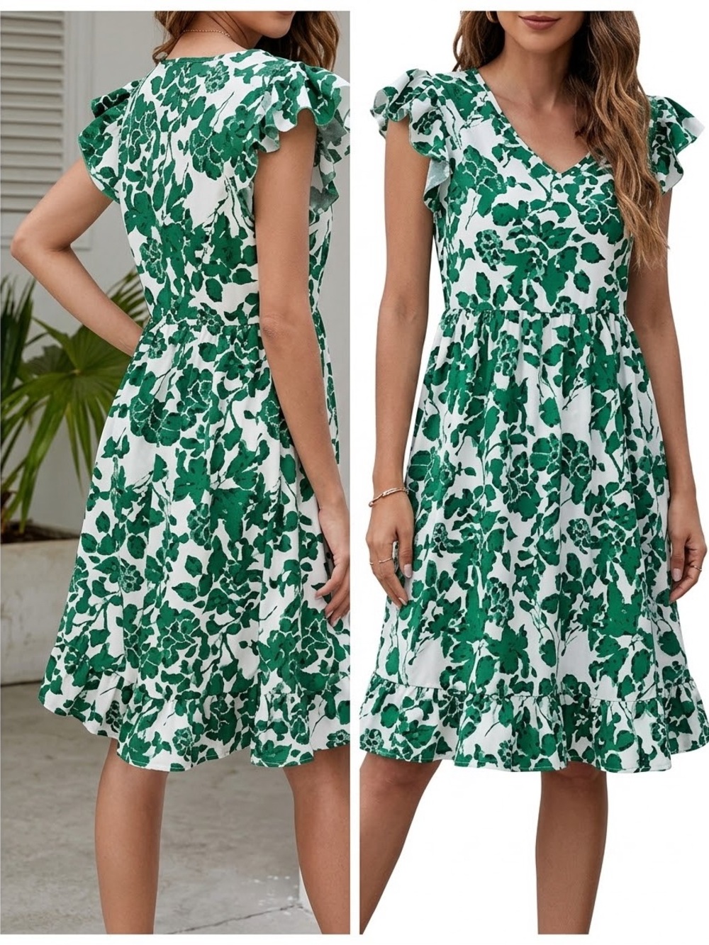 NWT Green Floral V-Neck Ruffle Sleeve tiered Trendy Slip on Dress Ladies SZ Med